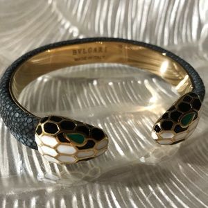 Bvlgari Serpenti Forever Black Leather Open Cuff